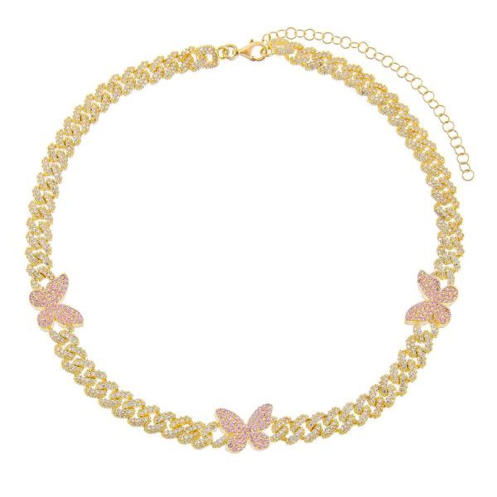 Gold Butterfly Choker Necklace with Pink Accents